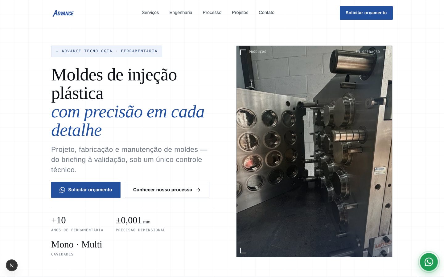 Site institucional da Advance Tecnologia — moldes de injeção plástica
